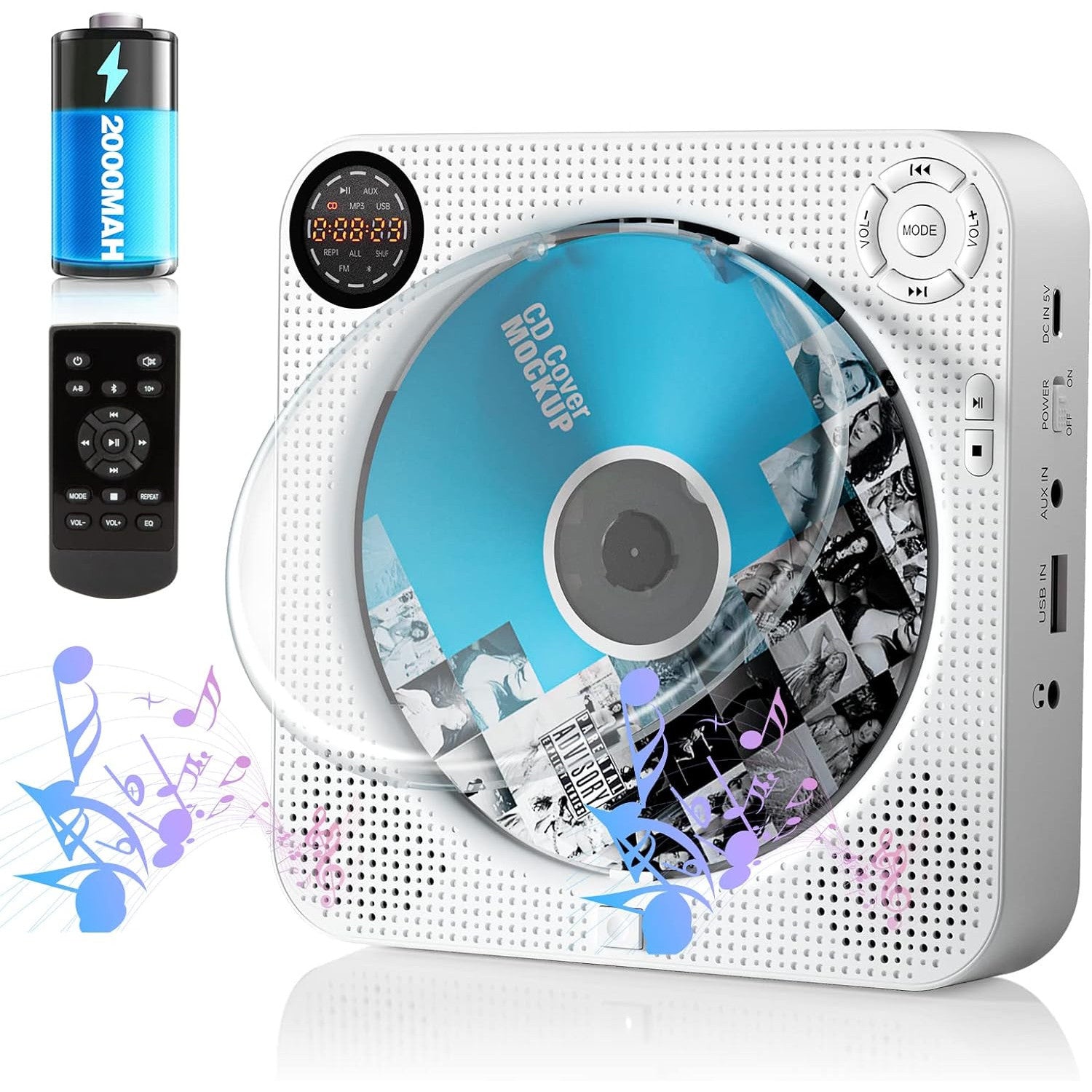 FELEMAN MPD001W Portable Wall-Mounted CD Player with Bluetooth, USB, Aux
